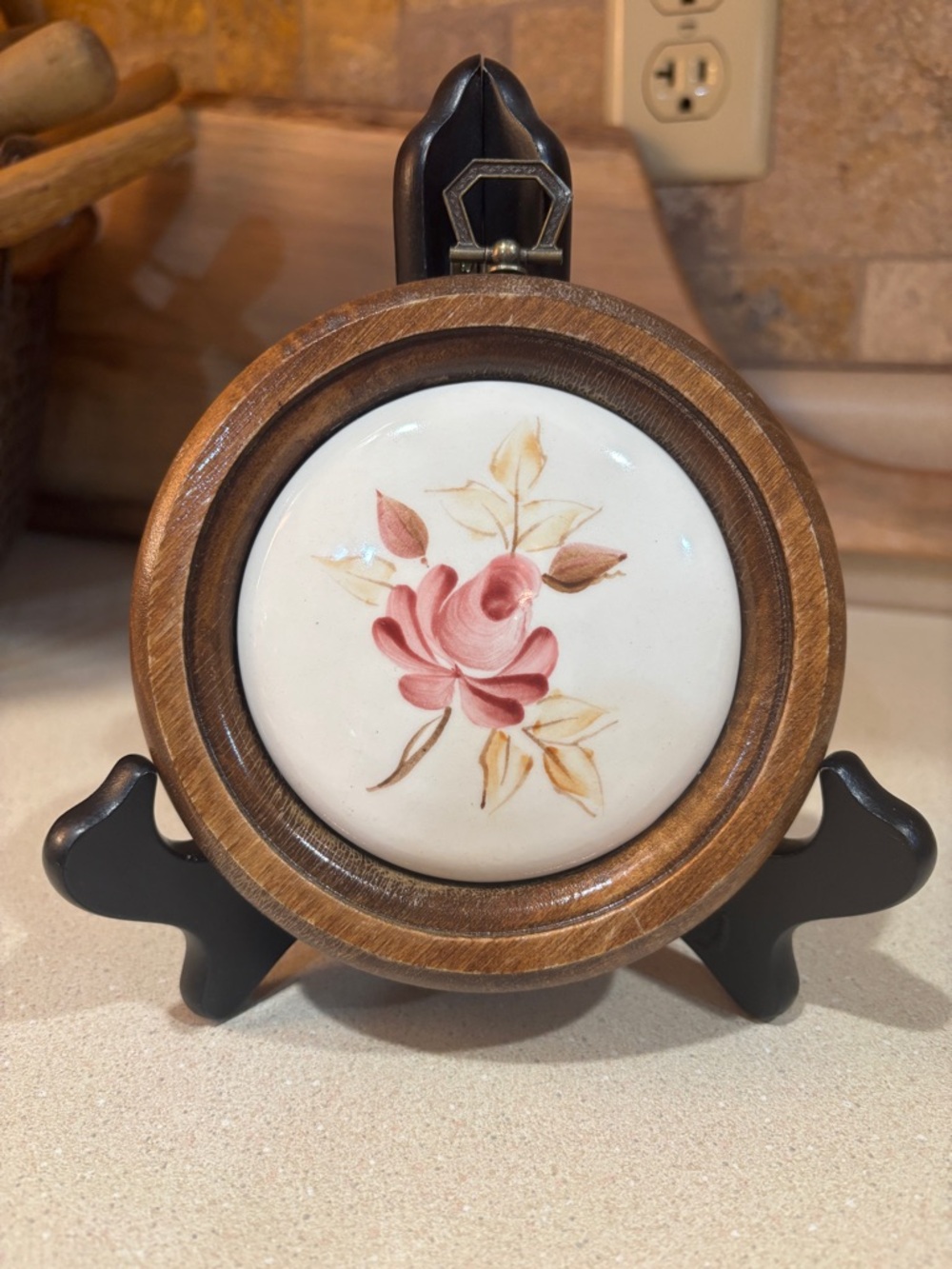 Vintage Hand-Painted Rose Ceramic Tile in Wooden Frame